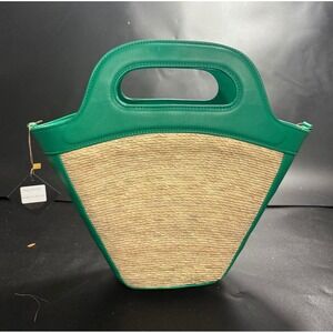 By Del Rio Green Vegan Leather and Woven Straw Fan Tote Bag NEW